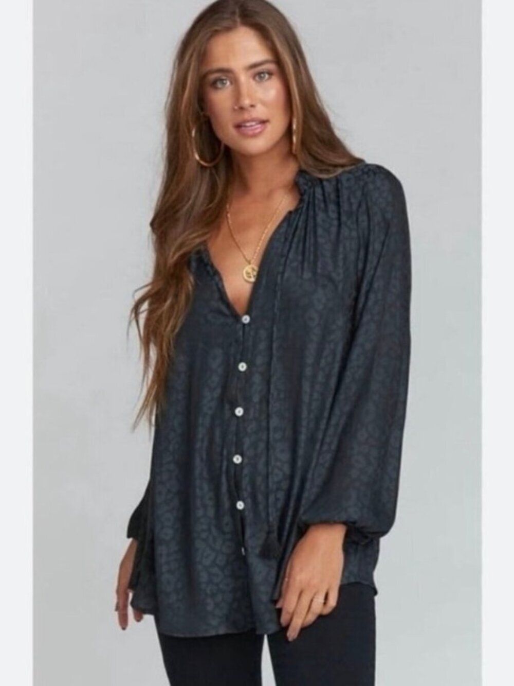 Show Me Your Mumu Navy Black Leopard Print Button Blouse Small